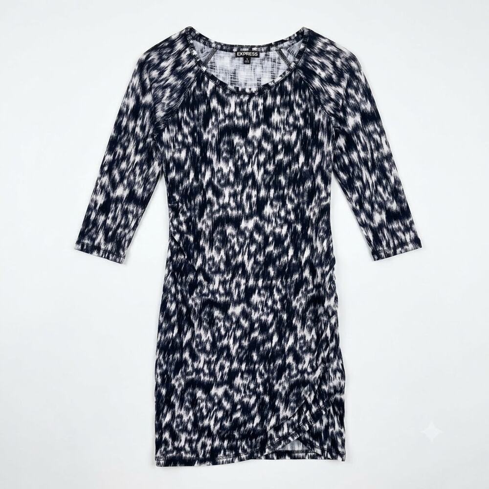 Express Side Ruched Bodycon T Shirt Dress Black White Print Casual Womens XS